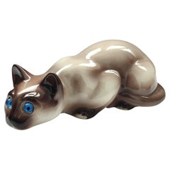 Collectible Vintage Pottery Siamese Large Cat With Blue Glass Eyes