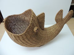 Large Vintage Rattan Artisanal Cornucopia Fish with Glass Eyes