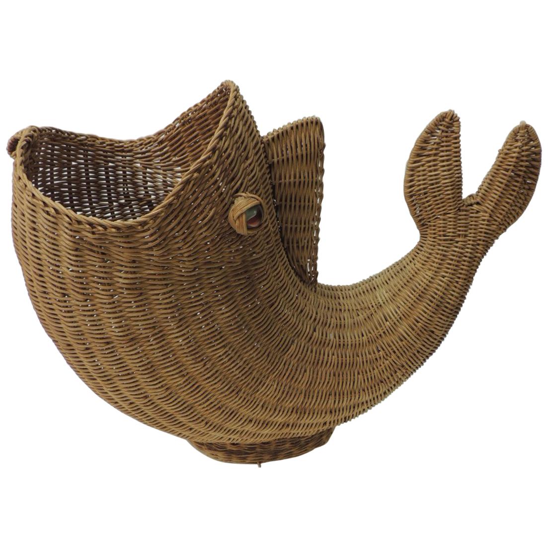 Large Vintage Rattan Artisanal Cornucopia Fish with Glass Eyes