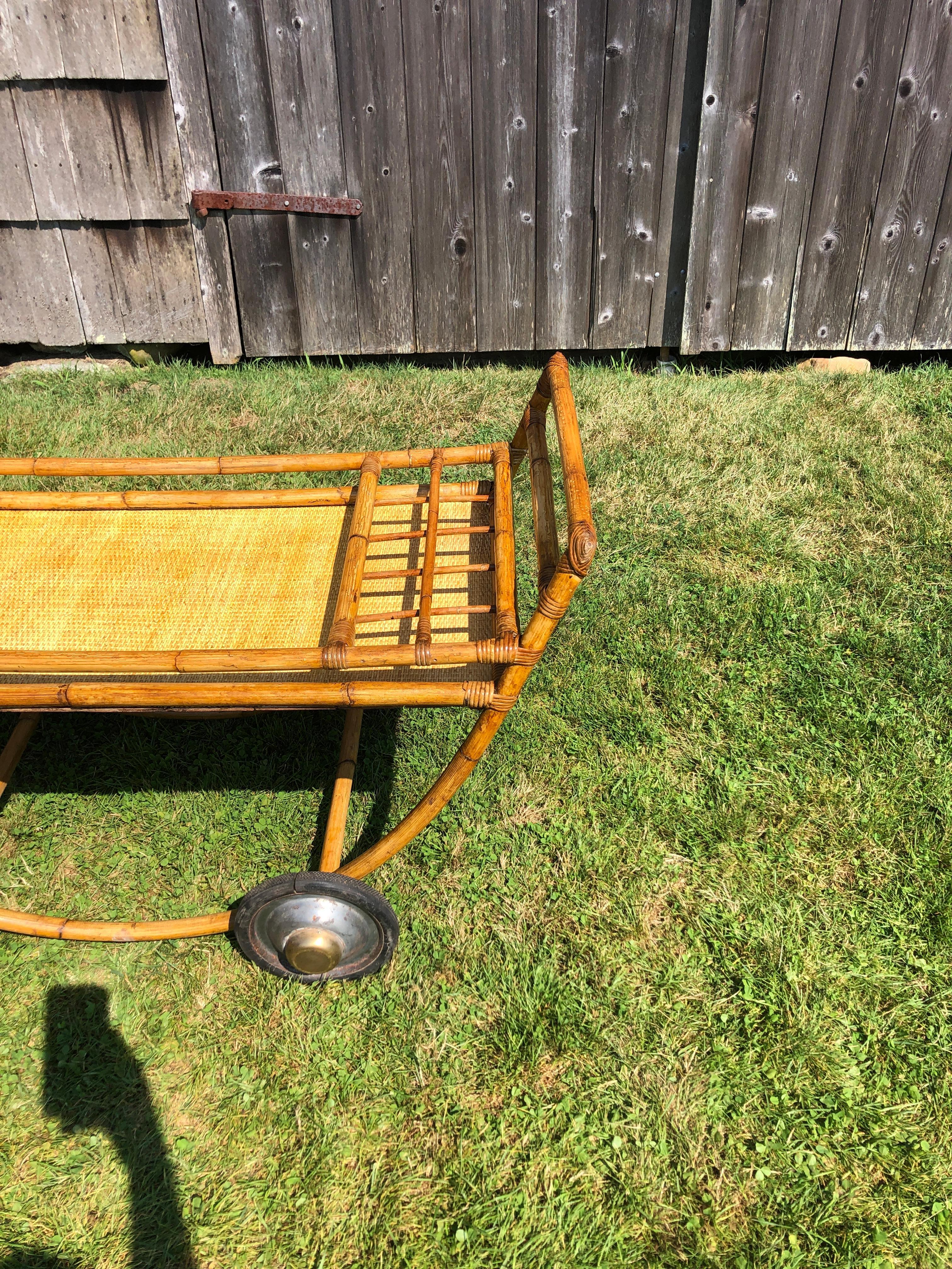 Large Vintage Rattan Bar Cart with Bottle Holders In Good Condition For Sale In Chapel Hill, NC