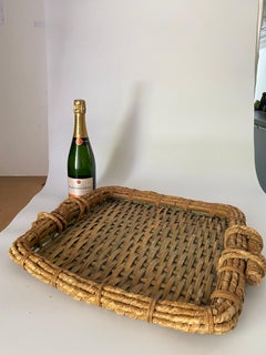 Large Vintage Rattan Platter, with an Old Patina, France, 1970