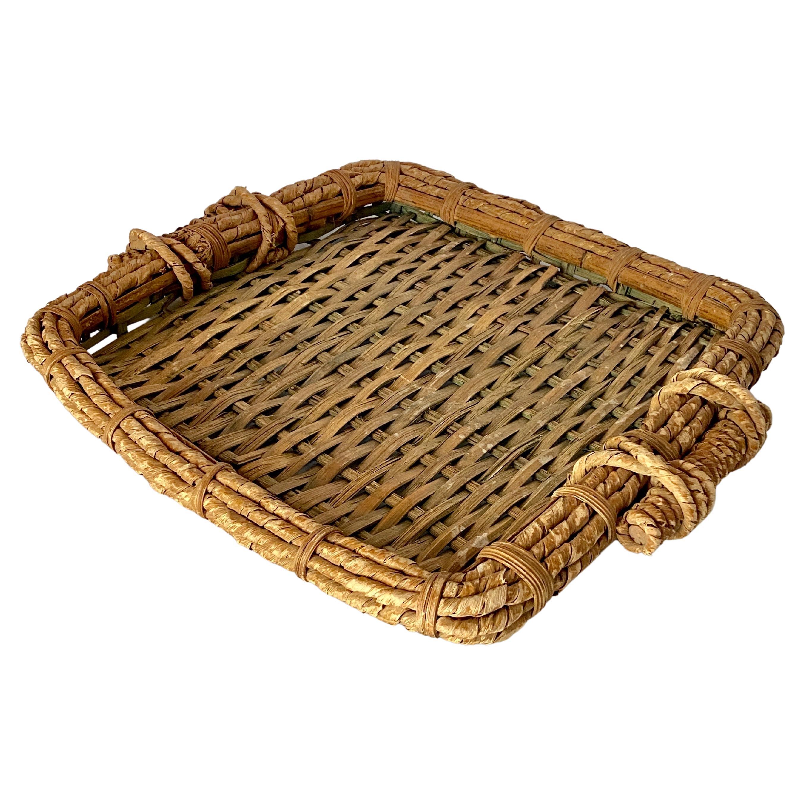 Large Vintage Rattan Platter, with an Old Patina, France, 1970 For Sale
