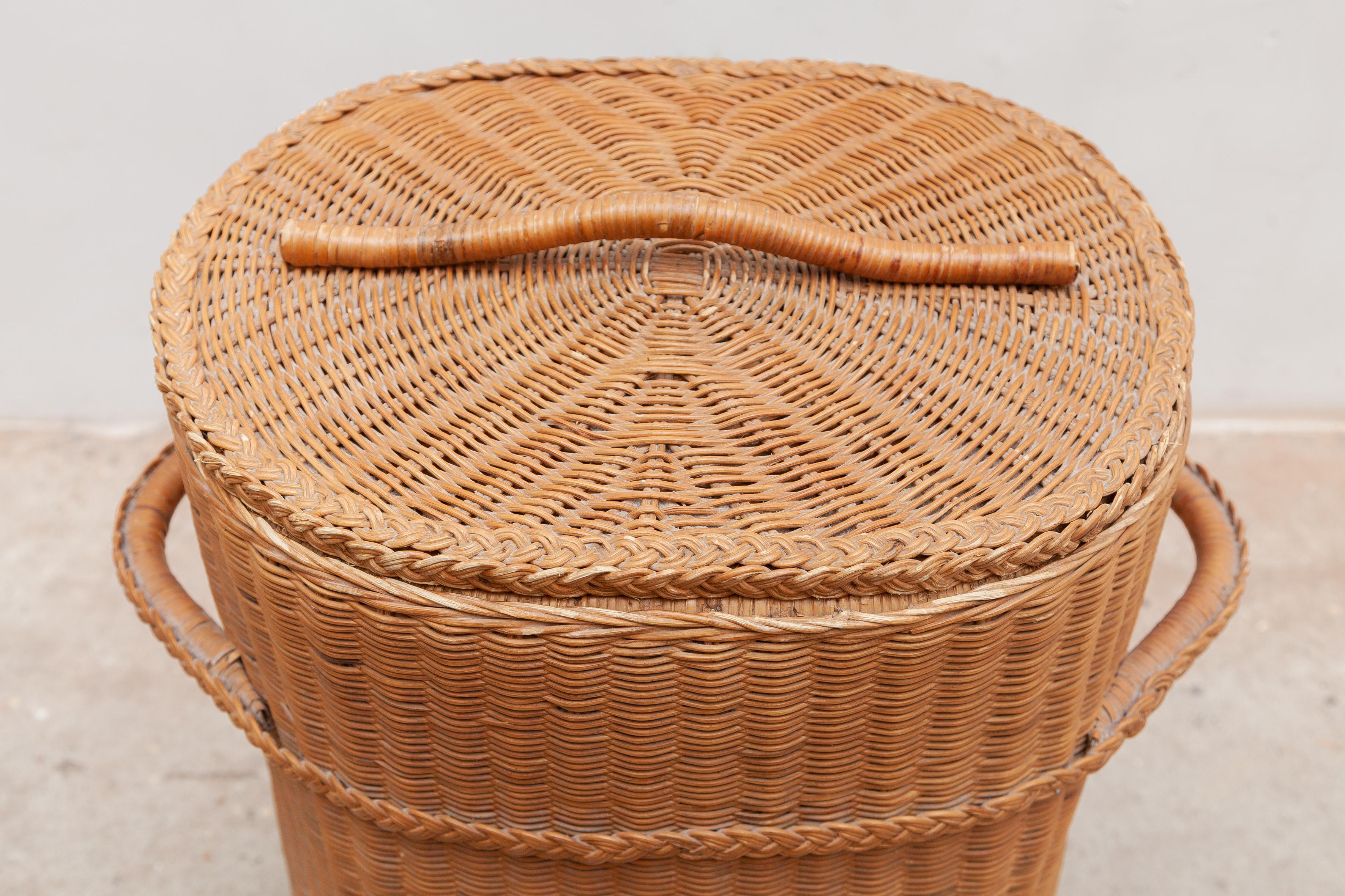 Hand-Crafted Large Vintage Rattan Wicker Storage Container Basket