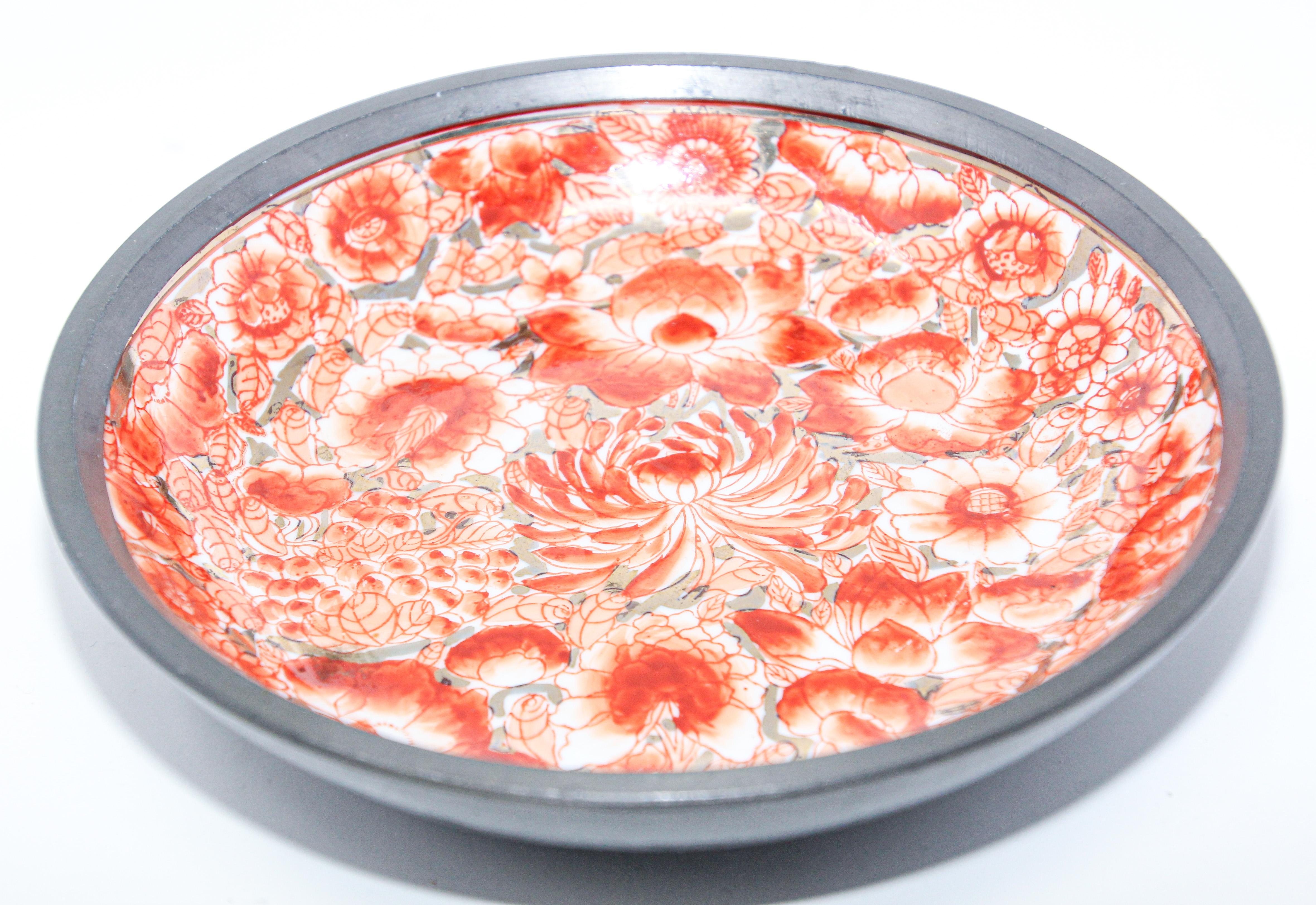 Large Vintage Red and White Porcelain Bowl, Catchall Encased in Pewter For Sale 2