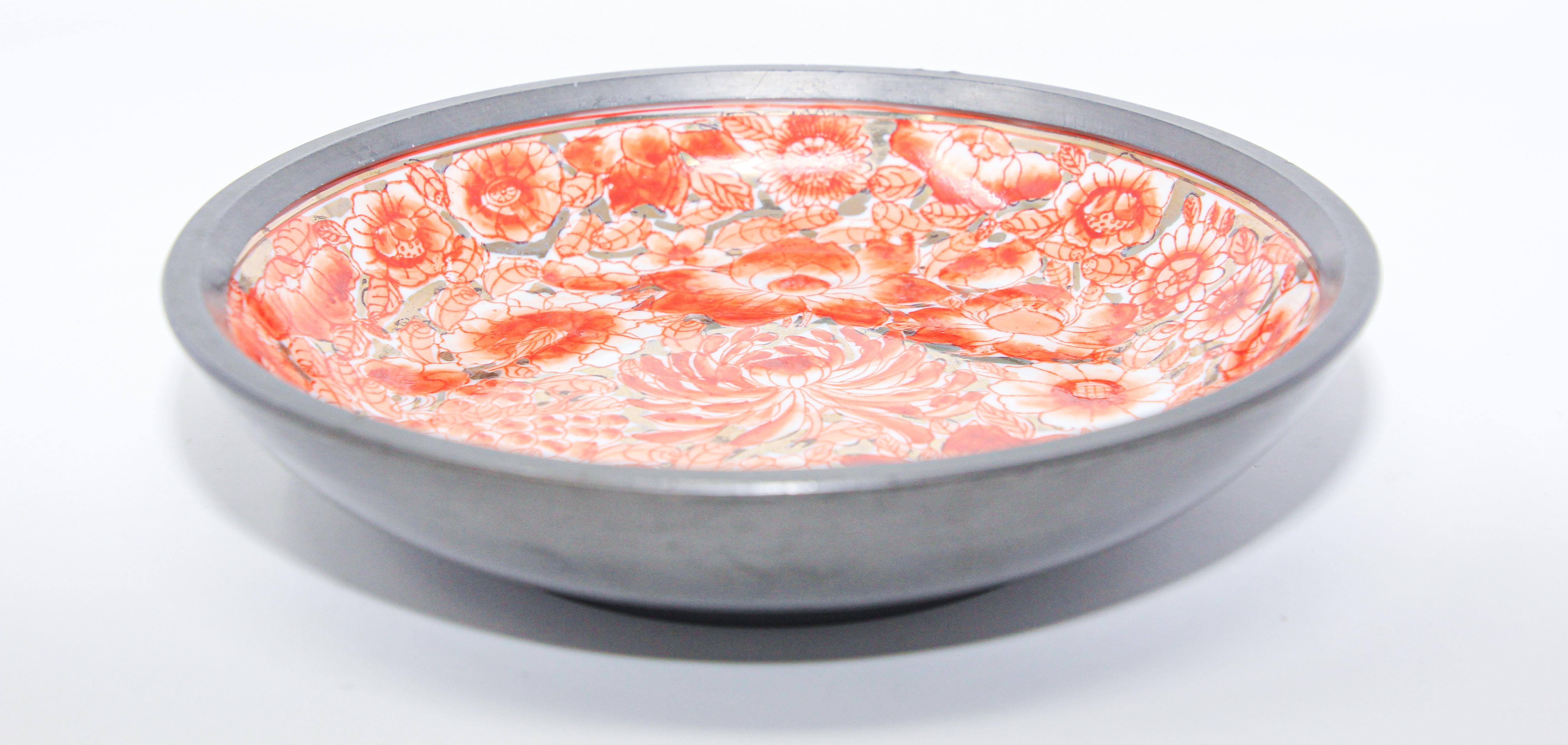 Chinese Export Large Vintage Red and White Porcelain Bowl, Catchall Encased in Pewter For Sale