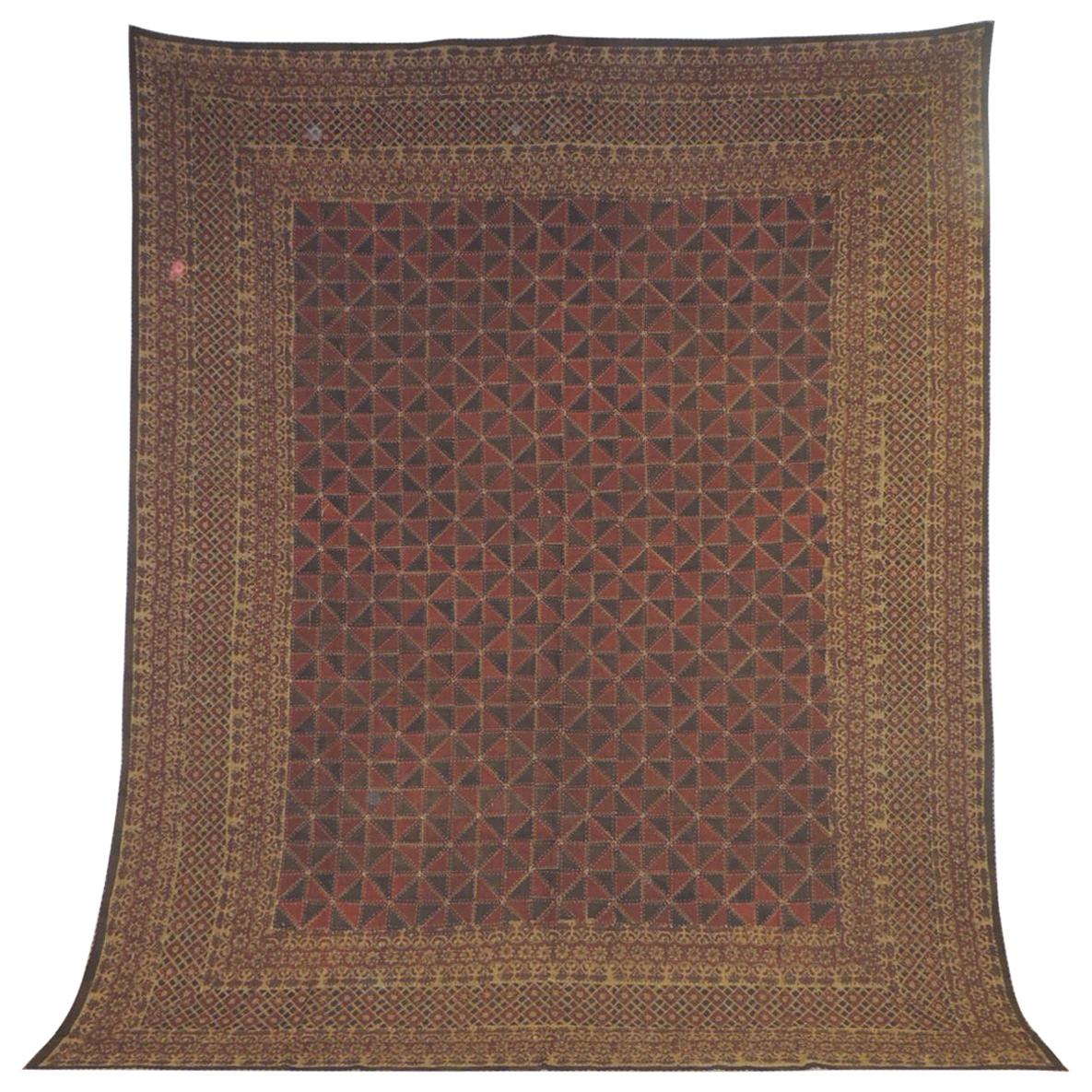 Large Vintage Red and Blue Quilted Indian King Size Blanket/Throw at