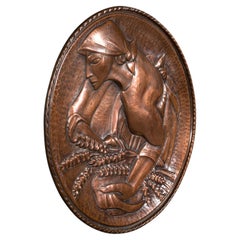 Large Vintage Relief Charger, Belgian, Hand Beaten Copper, Harvest Tray, C.1930