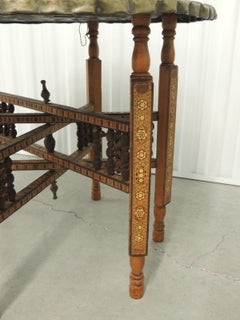 Large Vintage Repoussse Indian Decorative Round Tray Side Table with Wood Stand
