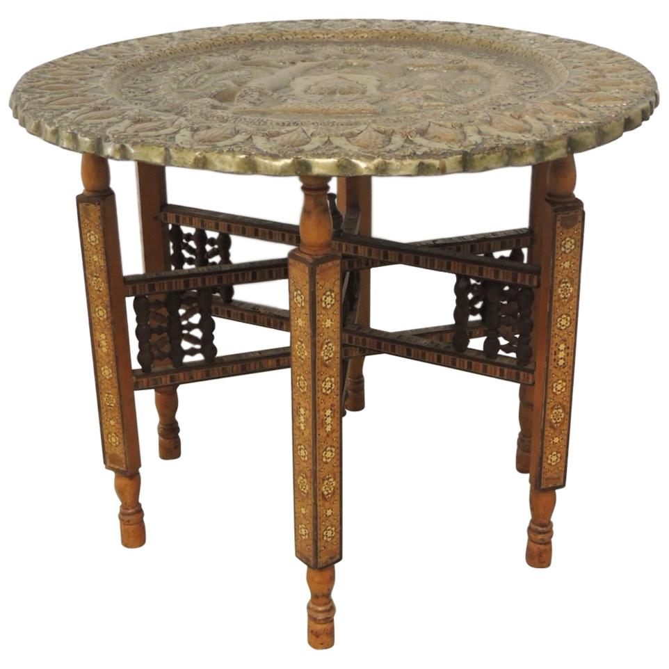 Large Vintage Repoussse Indian Decorative Round Tray Side Table with Wood Stand