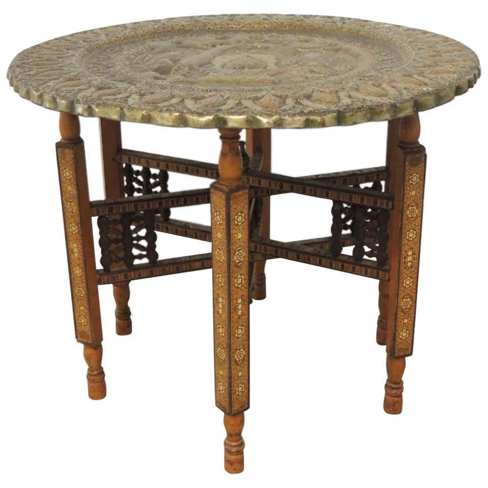 Large Vintage Repoussse Indian Decorative Round Tray Side Table With Wood Stand At 1stdibs