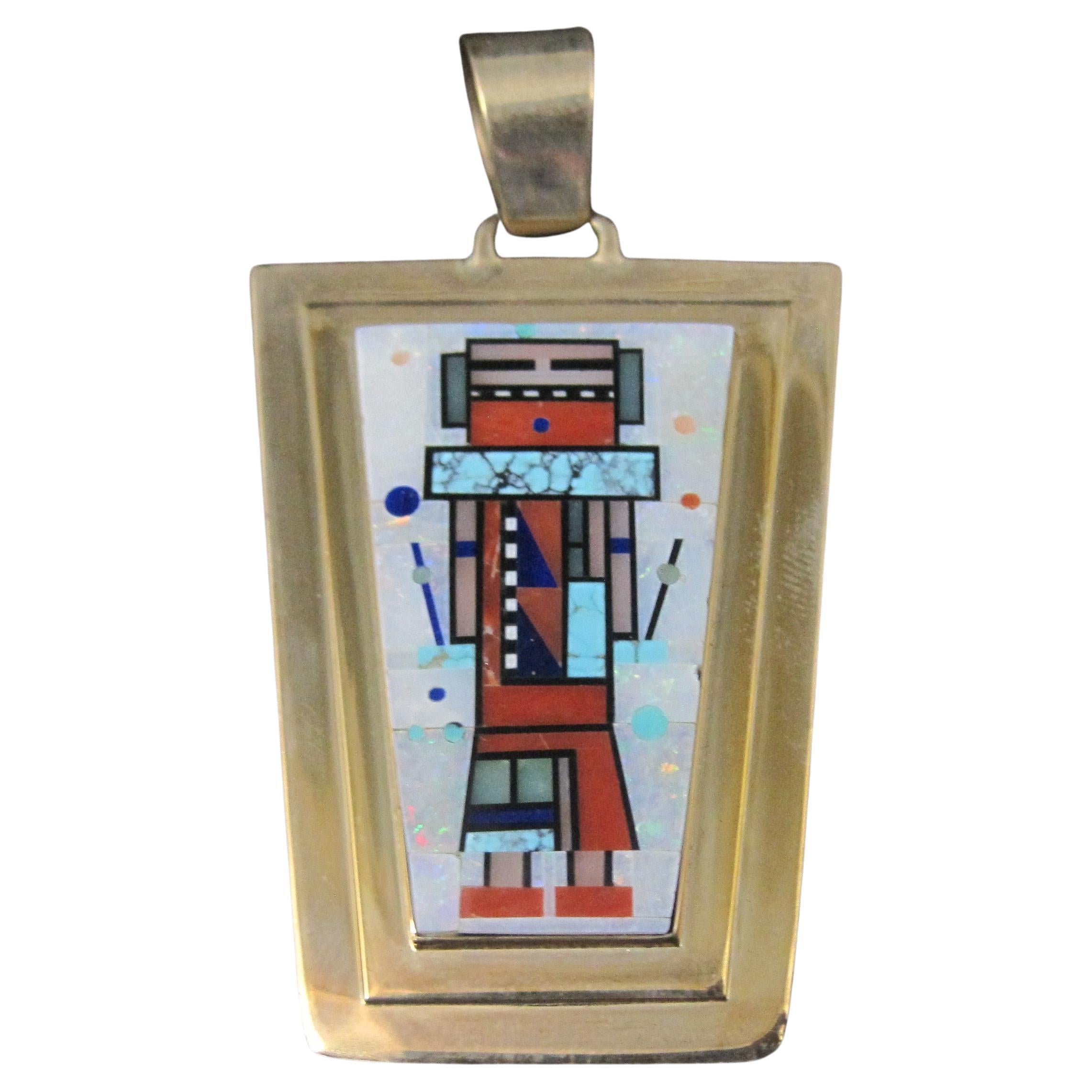 Colgante grande vintage reversible de 14 quilates con incrustaciones Navajo