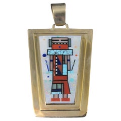 Colgante grande vintage reversible de 14 quilates con incrustaciones Navajo