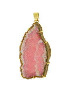 Large Vintage Rhodochrosite Slice Pendant 18K Yellow Gold