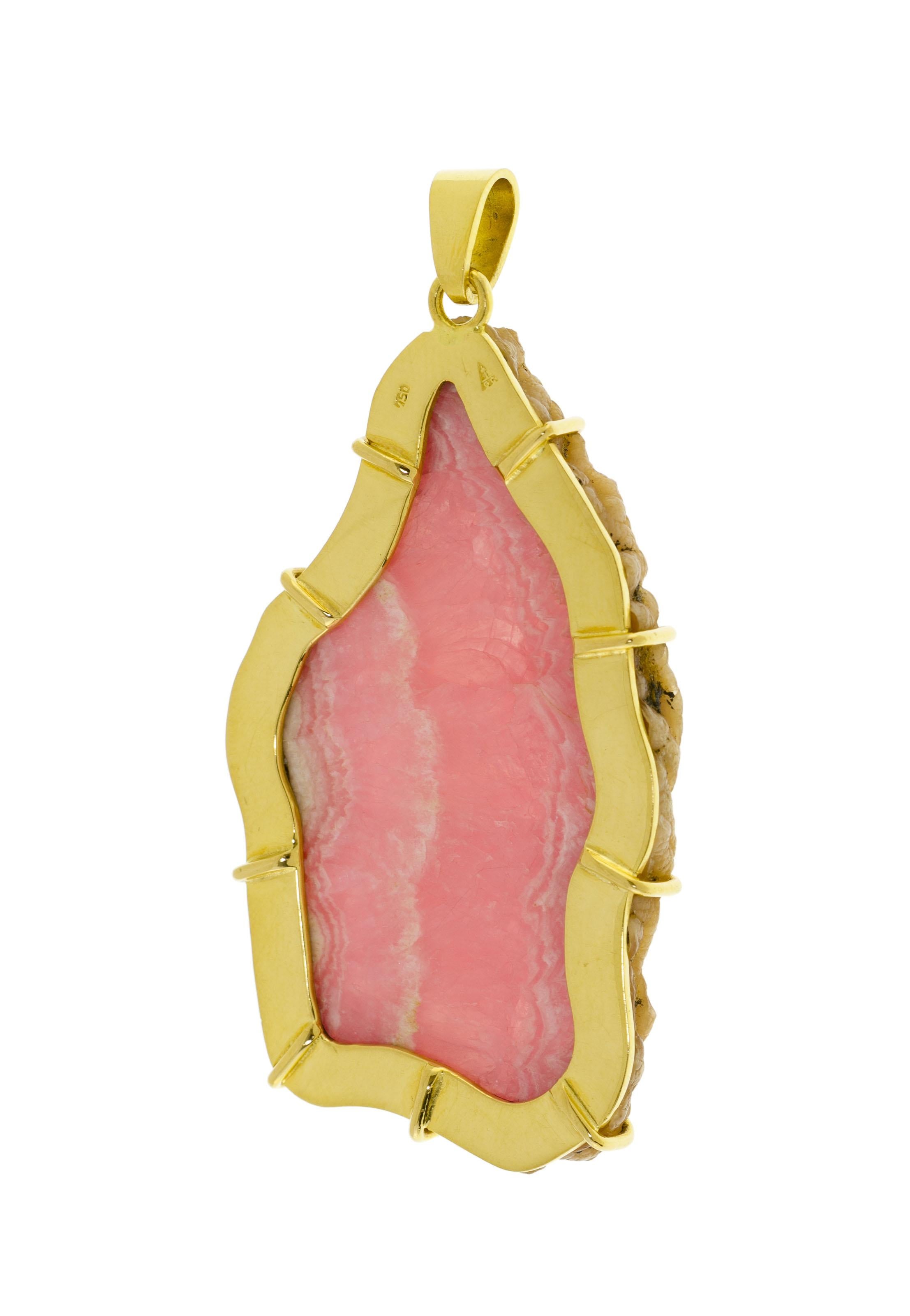 Modern Large Vintage Rhodochrosite Slice Pendant 18K Yellow Gold For Sale