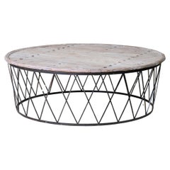 Grande table basse ronde vintage en bois récupéré