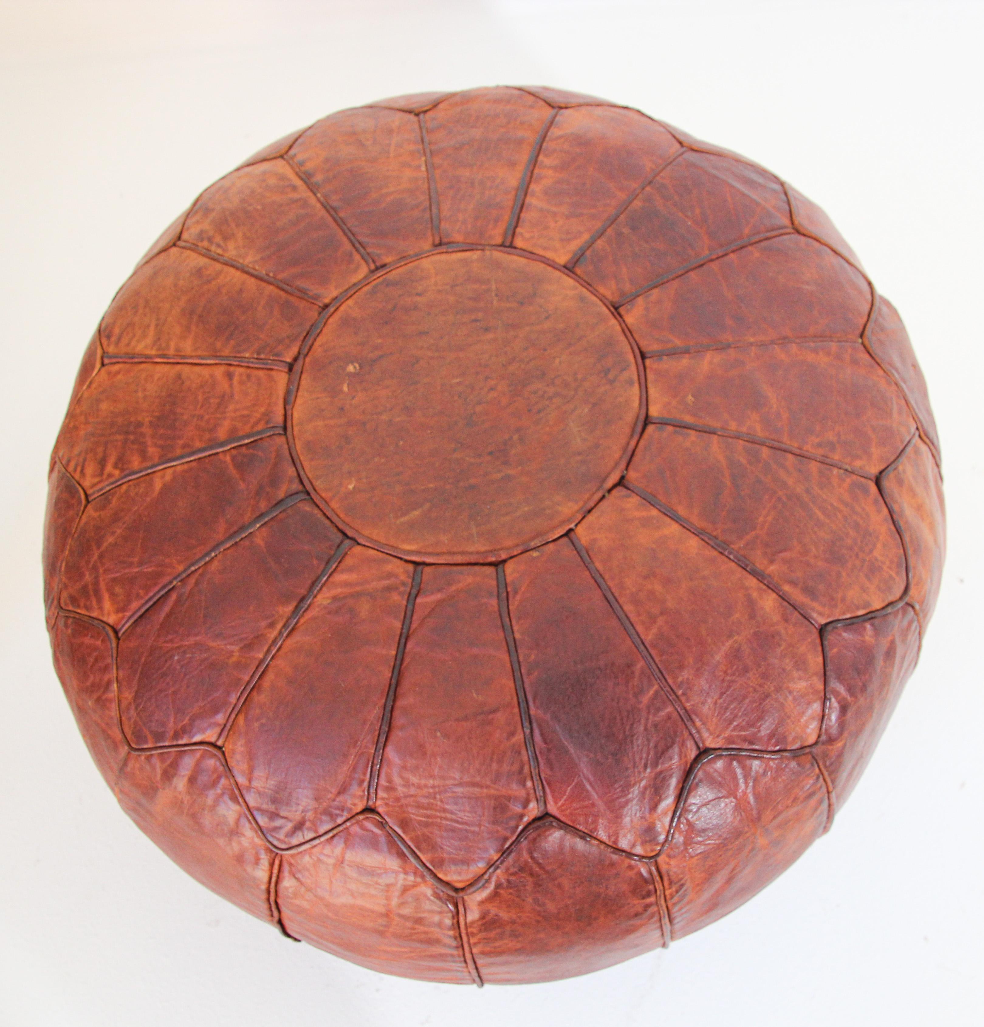 Large Vintage Round Moroccan Leather Pouf For Sale 1