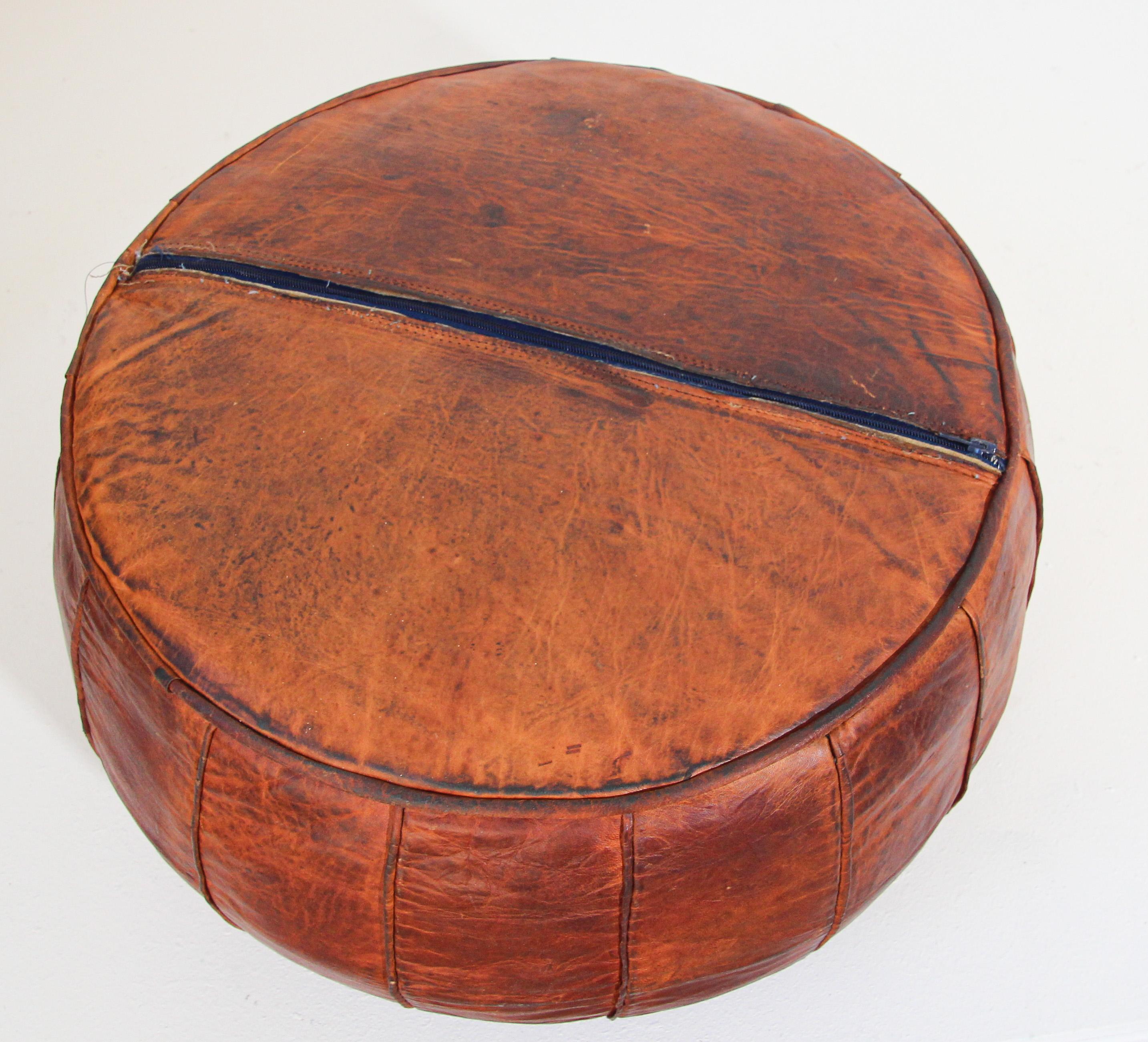 Large Vintage Round Moroccan Leather Pouf For Sale 2