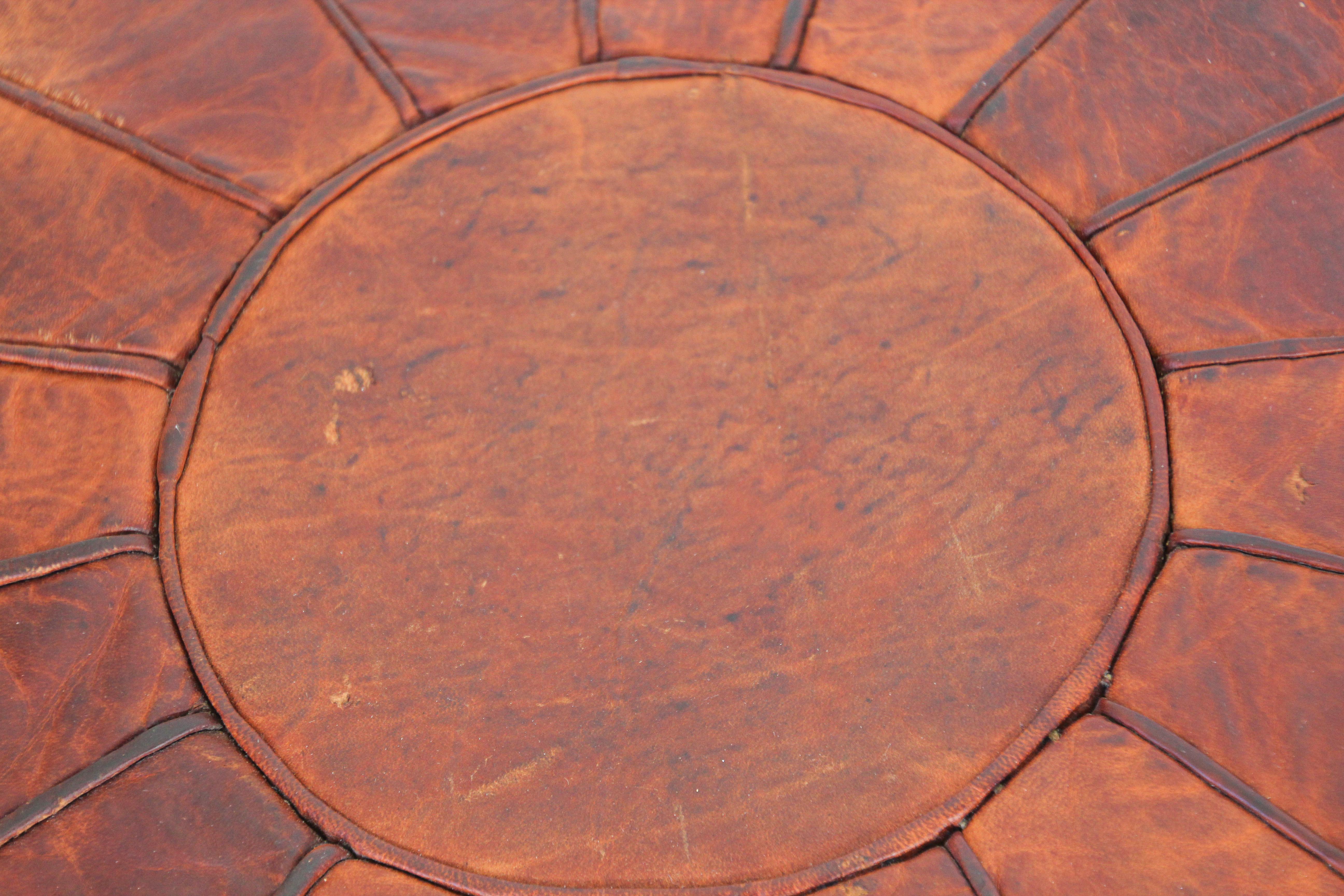 Moorish Large Vintage Round Moroccan Leather Pouf For Sale