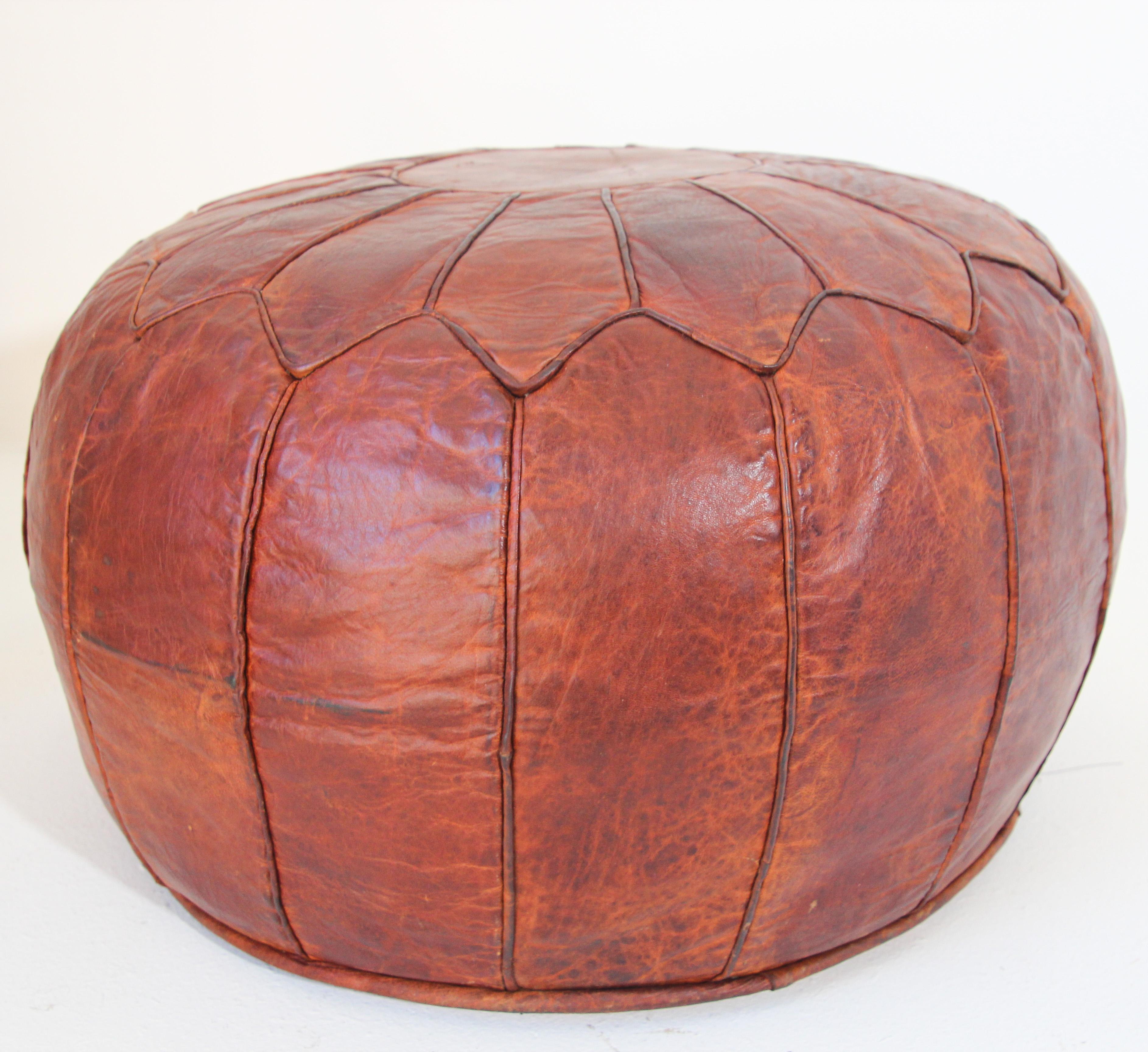 Hand-Crafted Large Vintage Round Moroccan Leather Pouf For Sale
