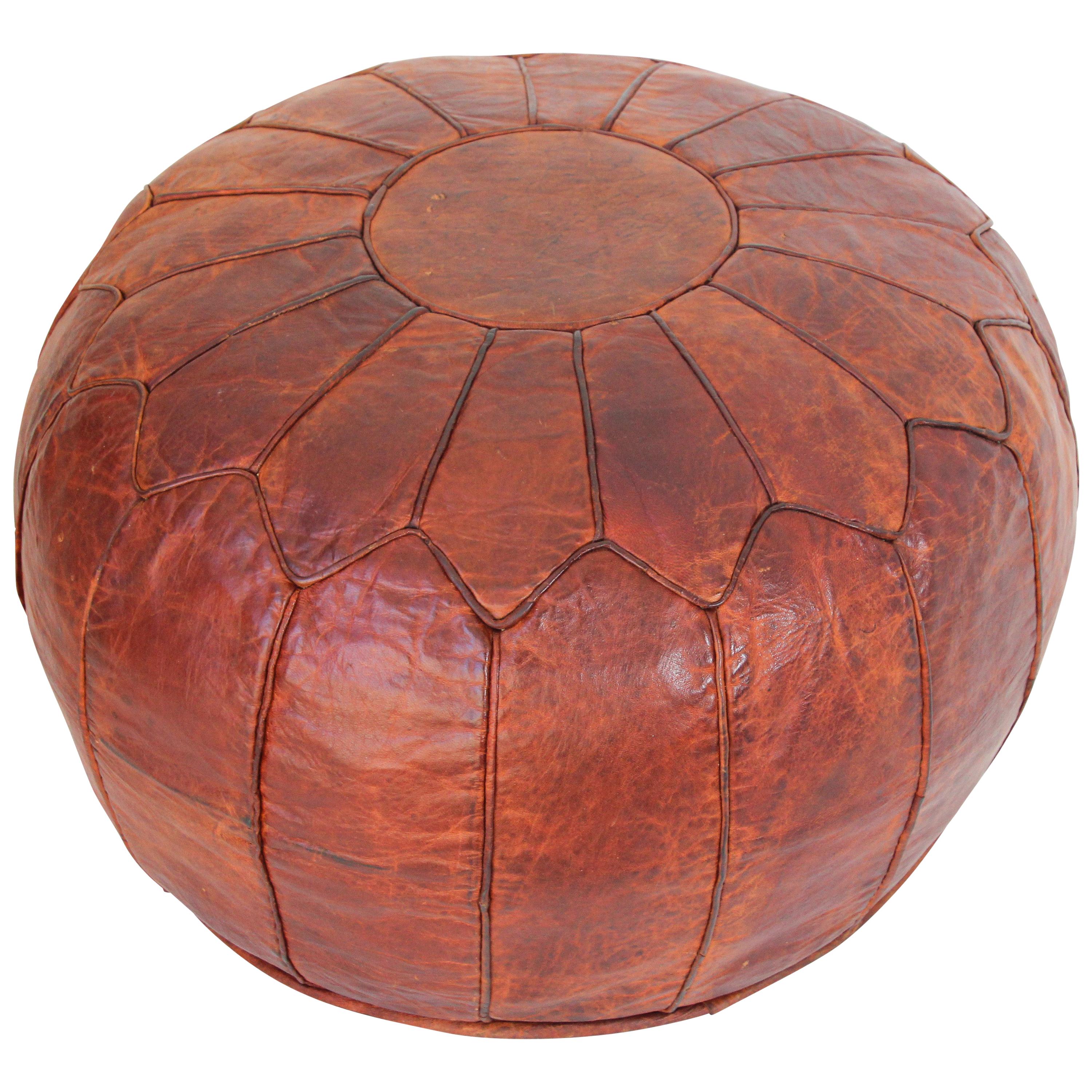 Large Vintage Round Moroccan Leather Pouf For Sale
