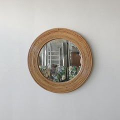 Large Vintage Round Reeded Bamboo Wicker Rattan Wall Mirror