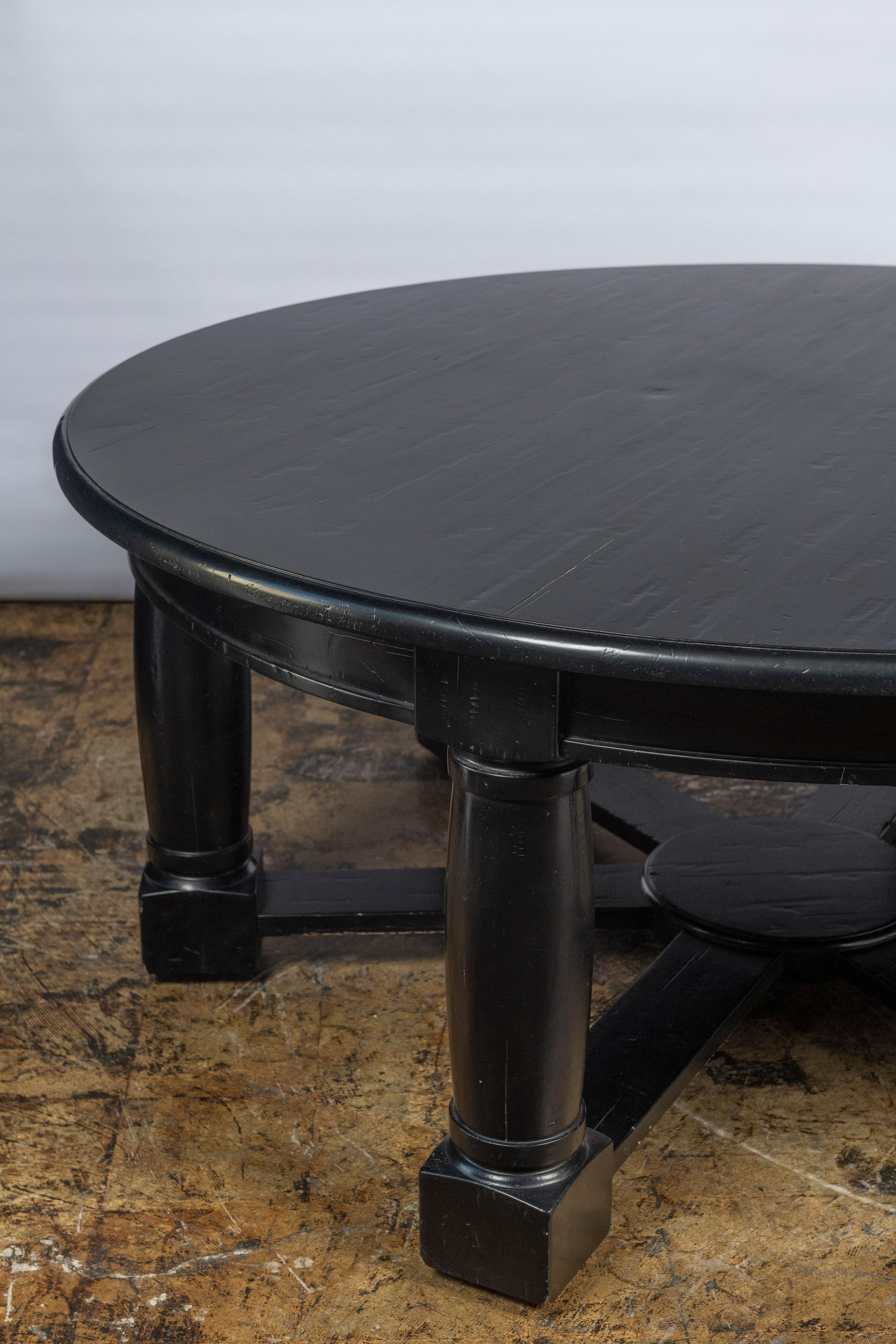 American Large Vintage Round Wooden Table Painted Black  For Sale