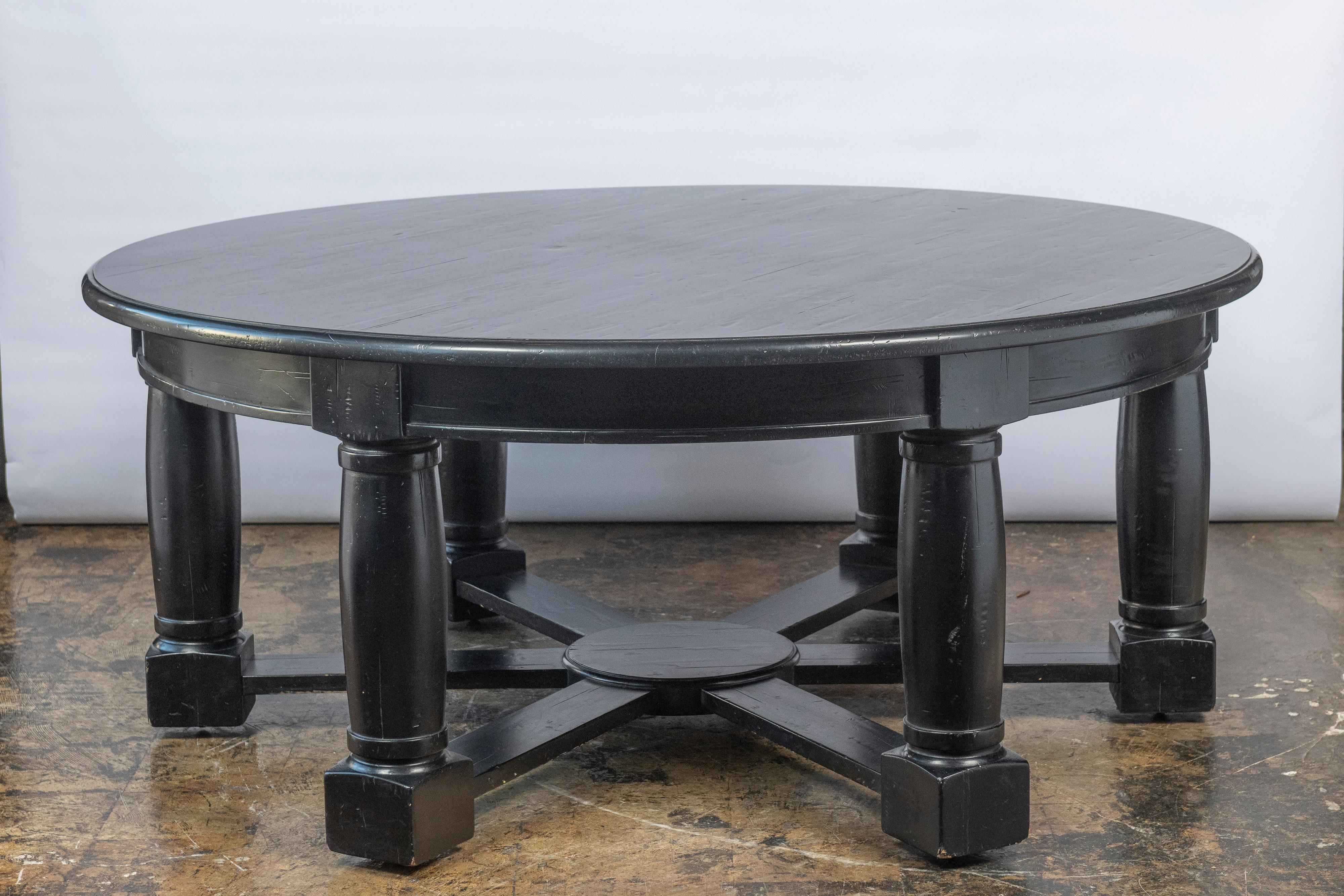 Large Vintage Round Wooden Table Painted Black  In Good Condition For Sale In San Francisco, CA