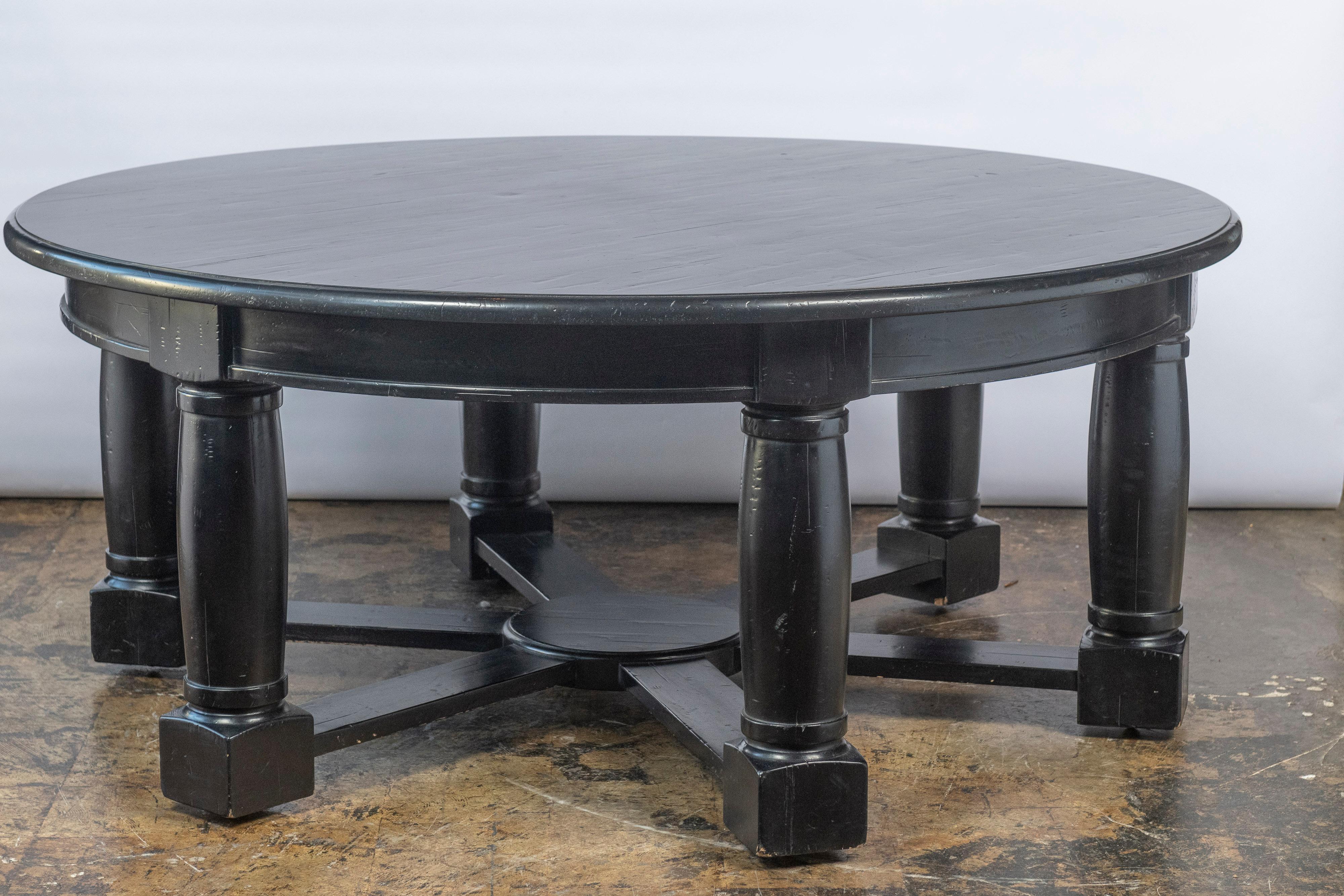 20th Century Large Vintage Round Wooden Table Painted Black  For Sale