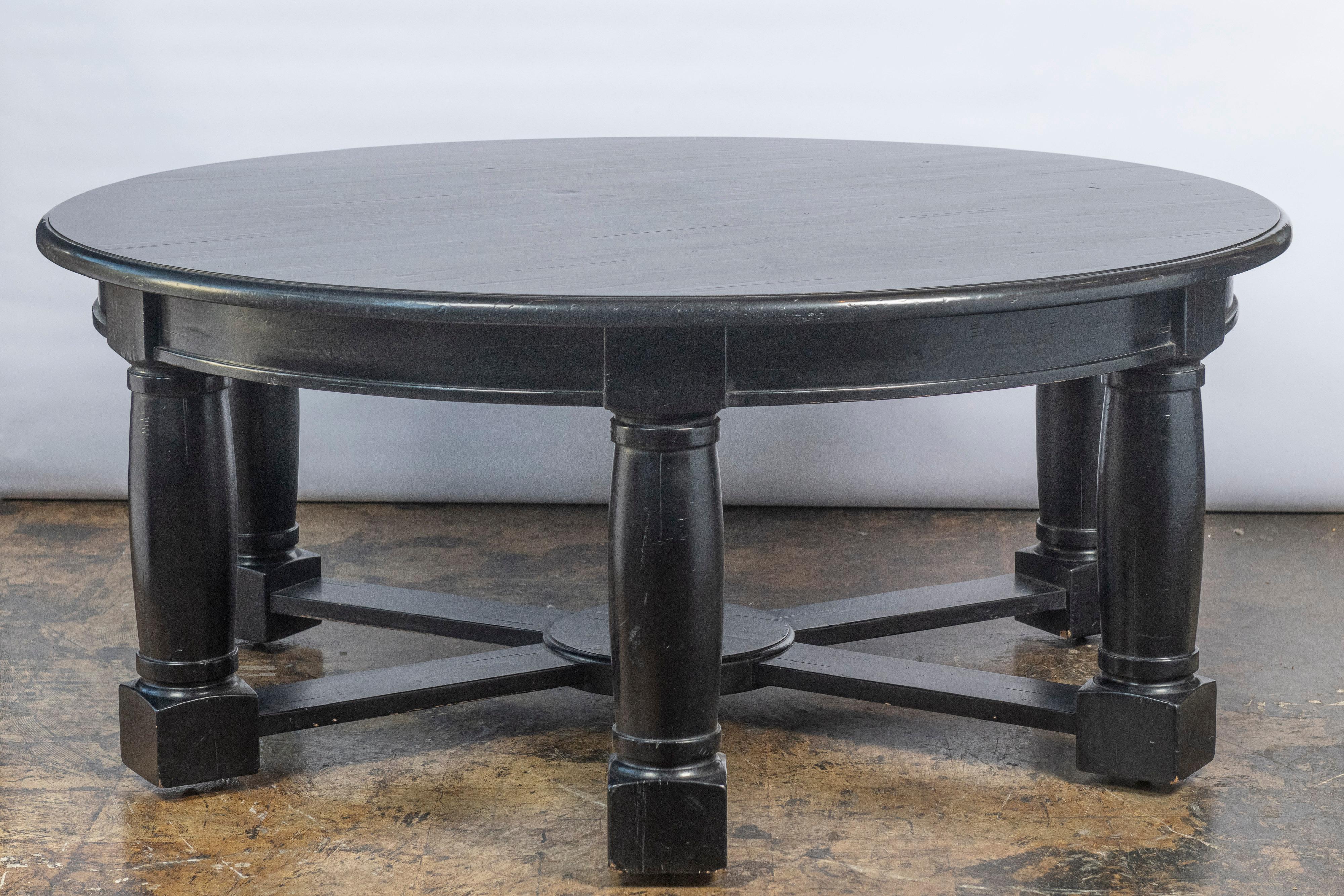 Large Vintage Round Wooden Table Painted Black  For Sale 1