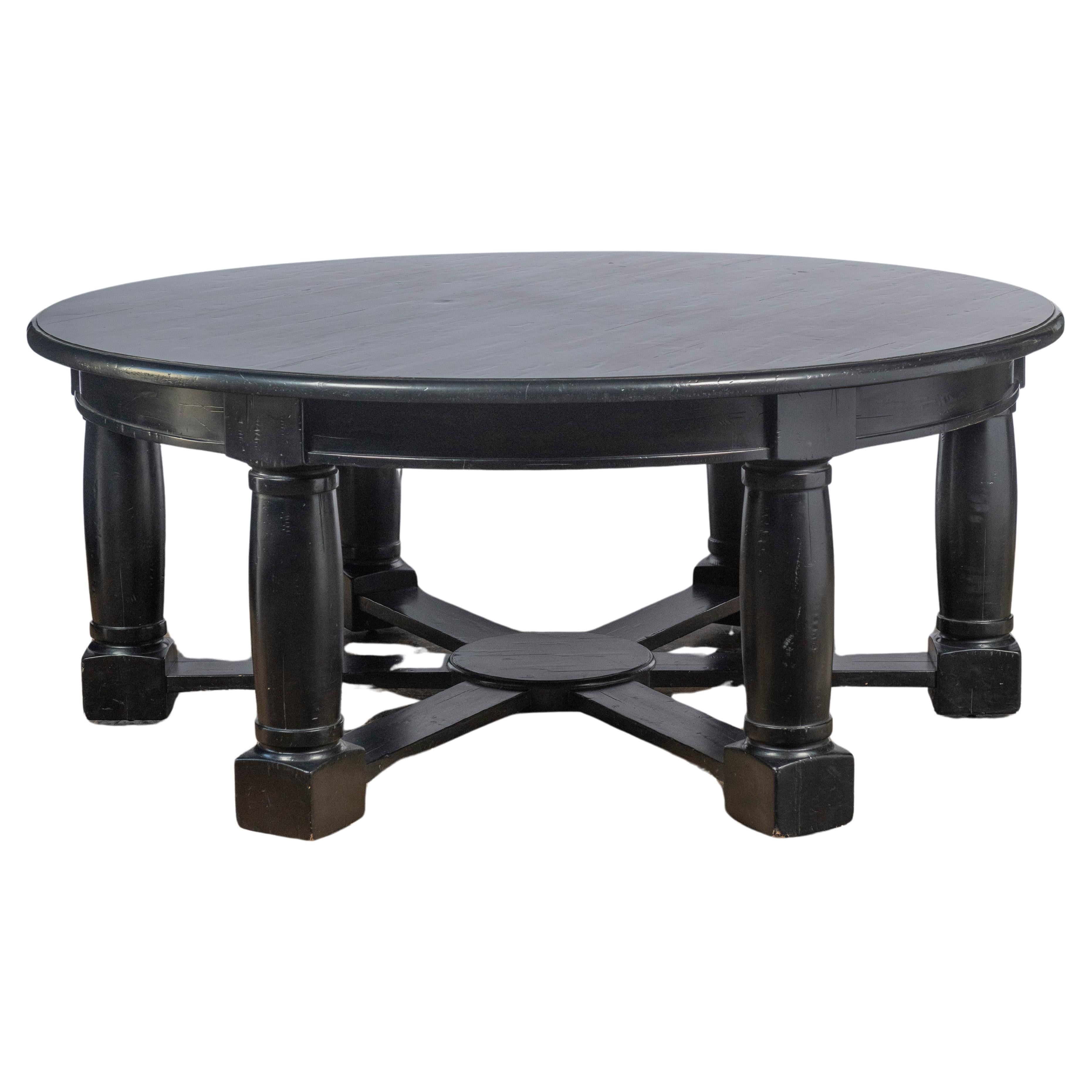 Large Vintage Round Wooden Table Painted Black 