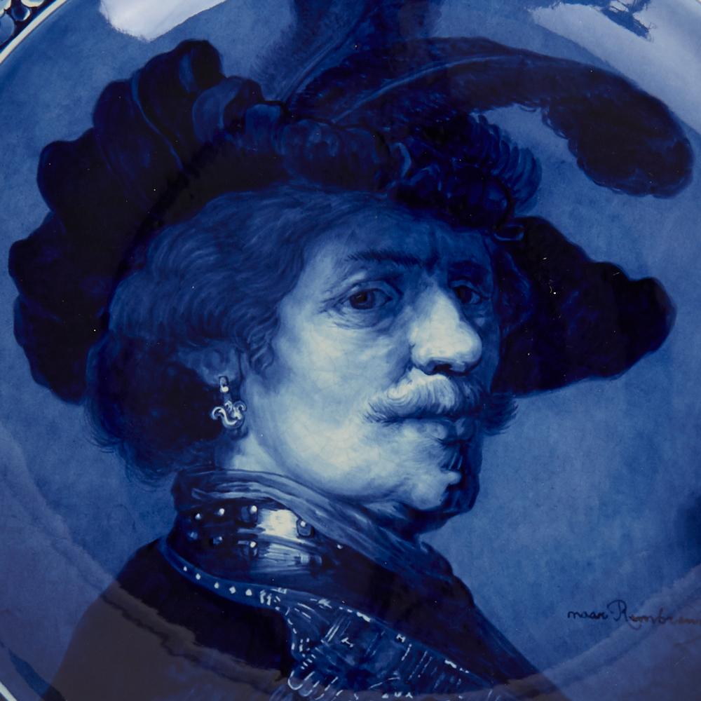 Hand-Painted Large Vintage Royal Blue and White Delft Plaque Male after Rembrandt, 1927