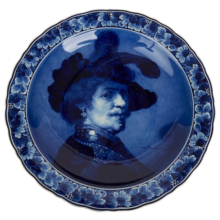 Large Vintage Royal Blue and White Delft Plaque Male after Rembrandt, 1927