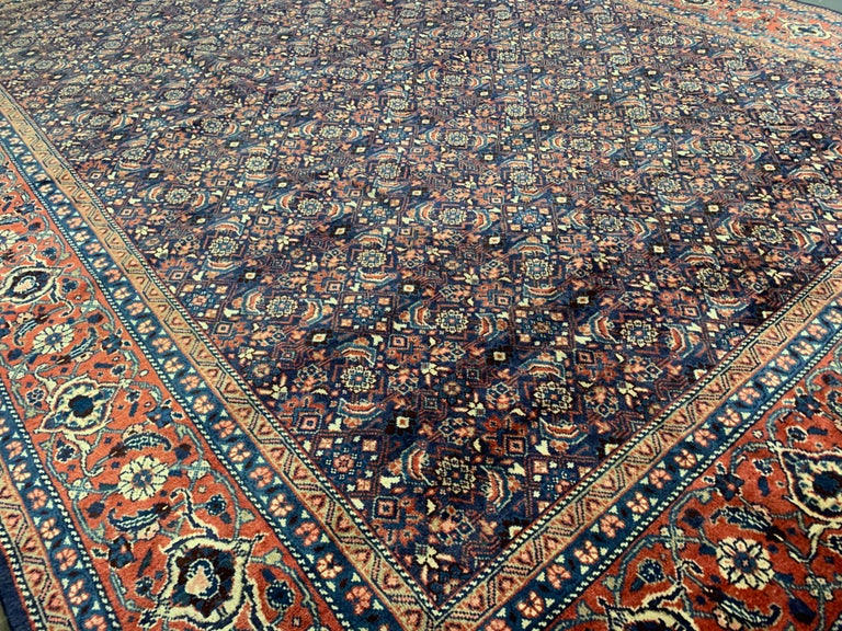 Grand Tapis Oriental Vintage Bleu Et Gris - Laine Nouée Main - 410x290 Cm