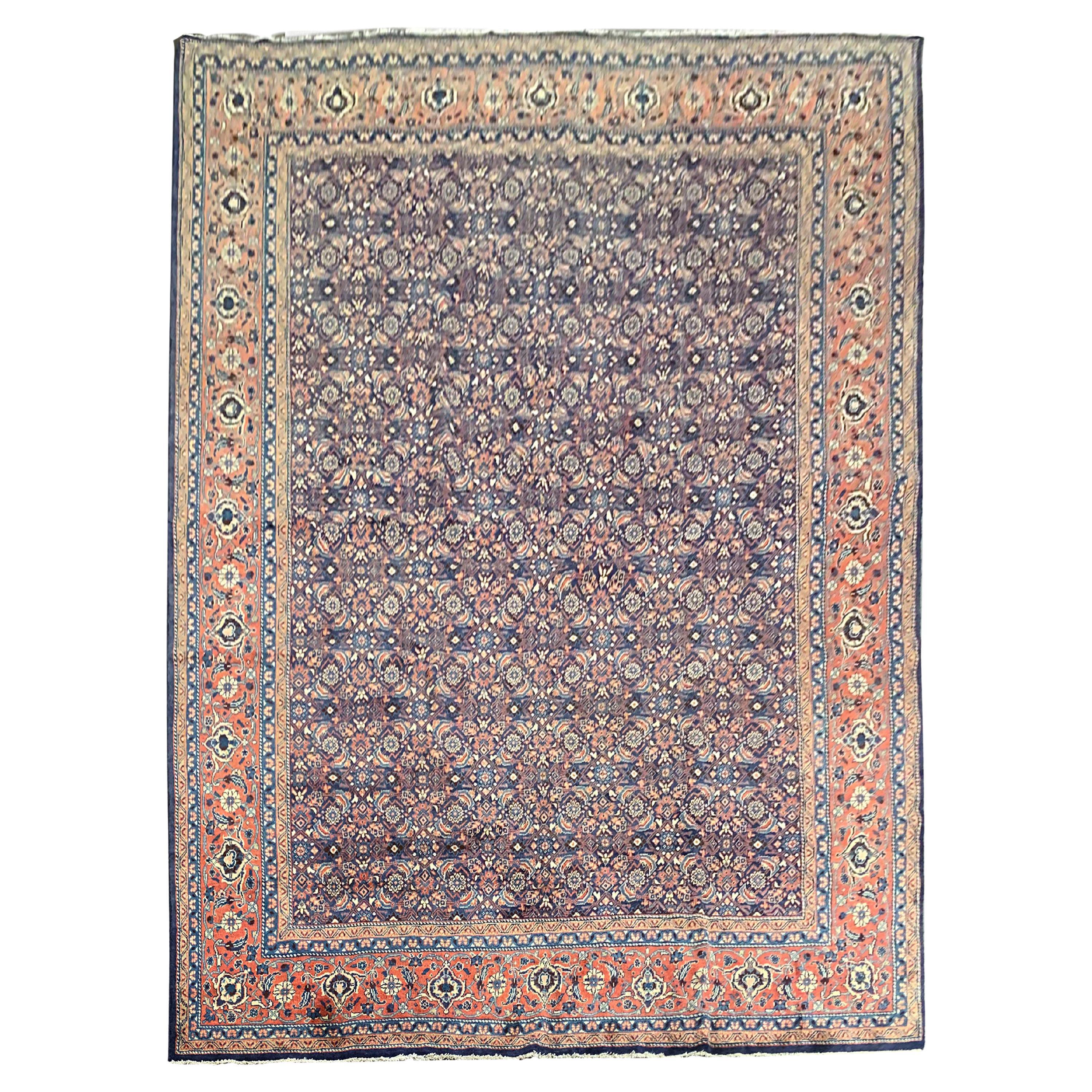 Large Vintage Rug Decorative Handmade Oriental Blue Wool Carpet  For Sale