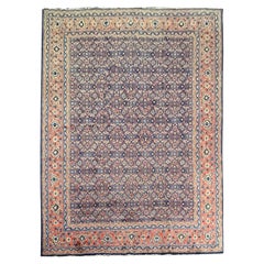 Grand tapis décoratif vintage en laine bleu oriental fait à la main 