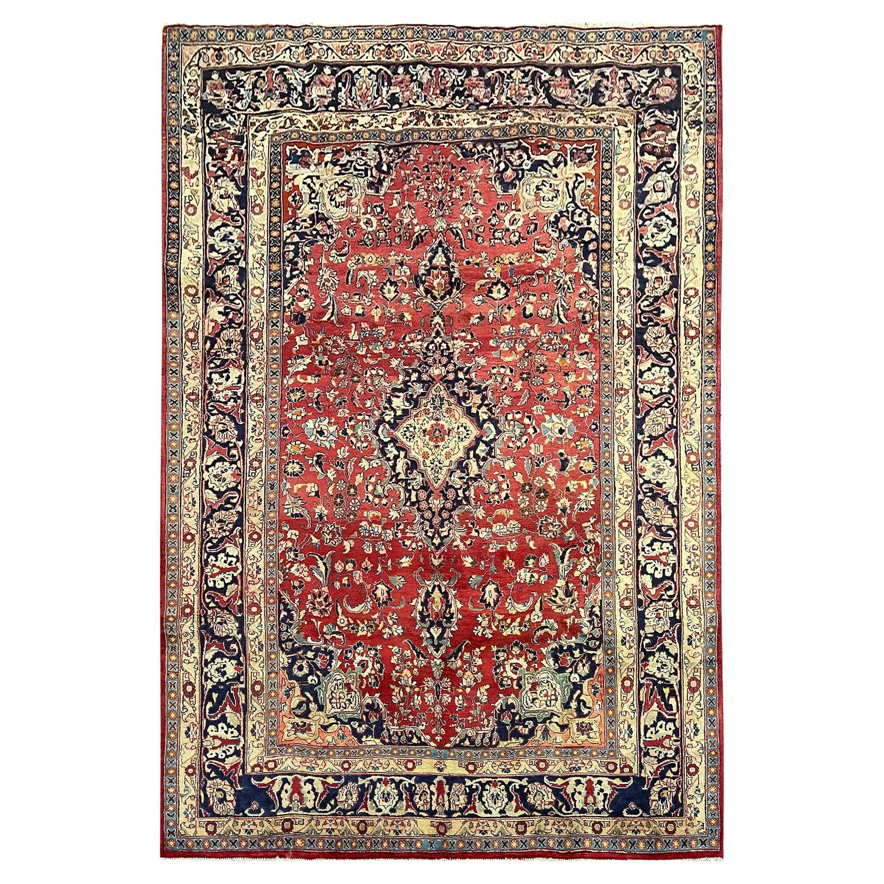 Grand tapis vintage fait main, tapis de salon oriental en laine rouge 191 x 284 cm  en vente