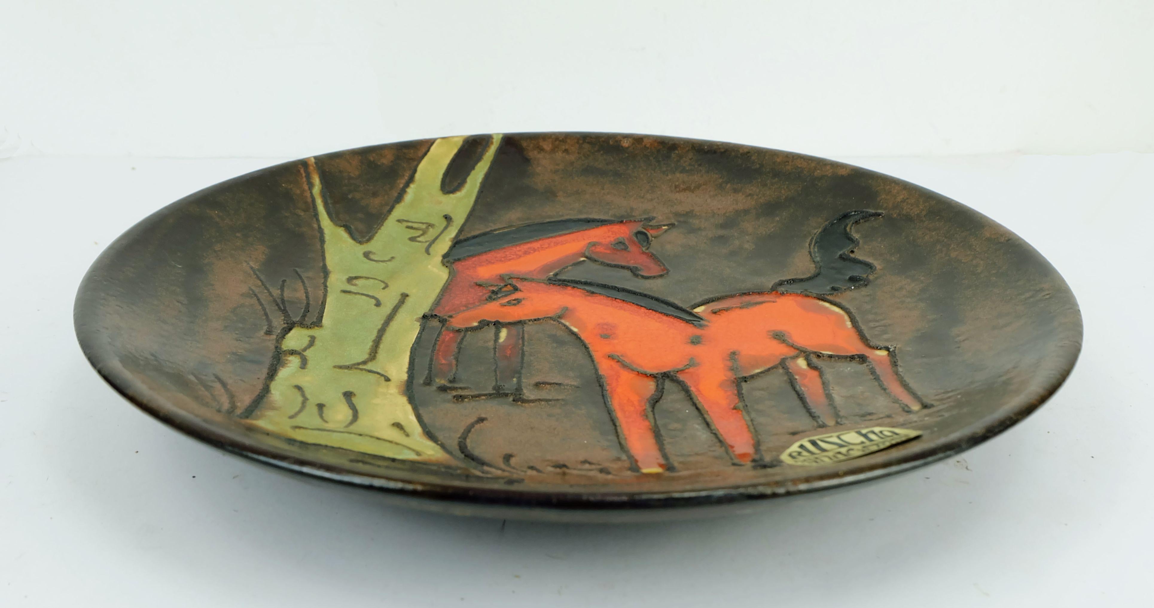 Große große ruscha BOWL 70er Jahre Wandteppich-Dekoration mit roten Pferden und Fett Lavaglasur (Mitte des 20. Jahrhunderts) im Angebot