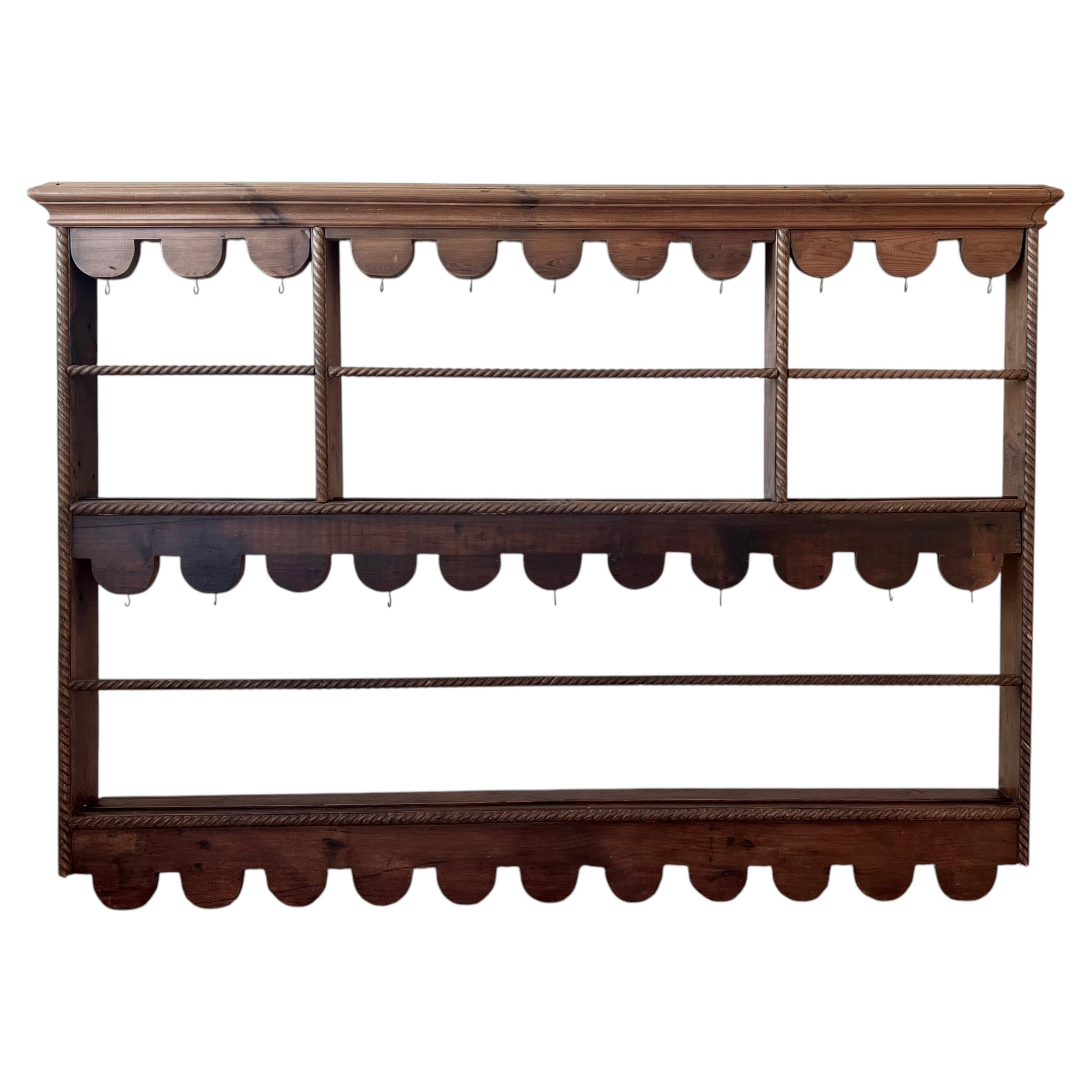 Large Vintage Rustic Pine Wall Mounted Plate Rack Or Display Shelf