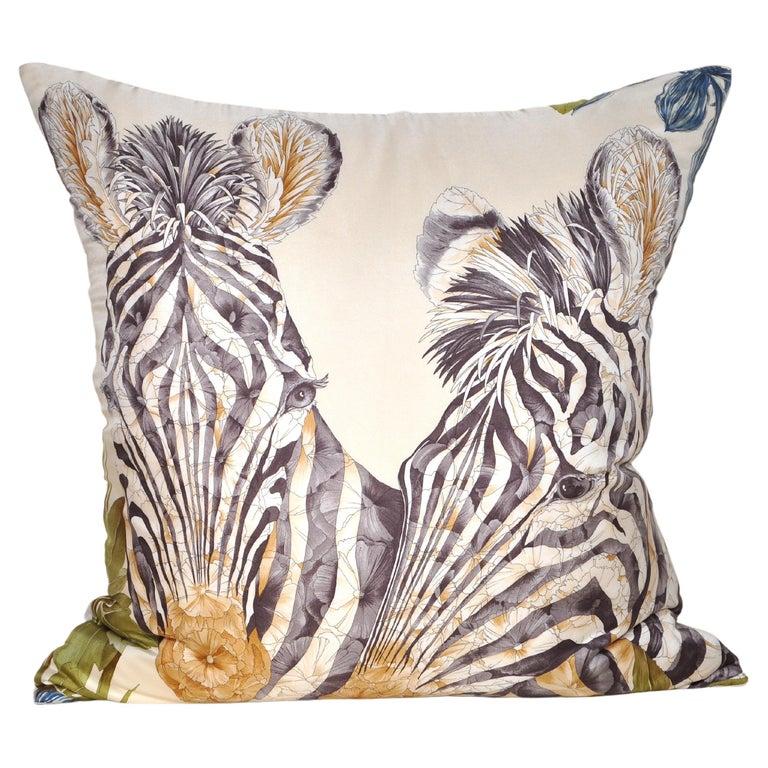 Large Vintage Salvatore Ferragamo Silk Scarf and Linen Pillow Zebra Navy White For Sale 5