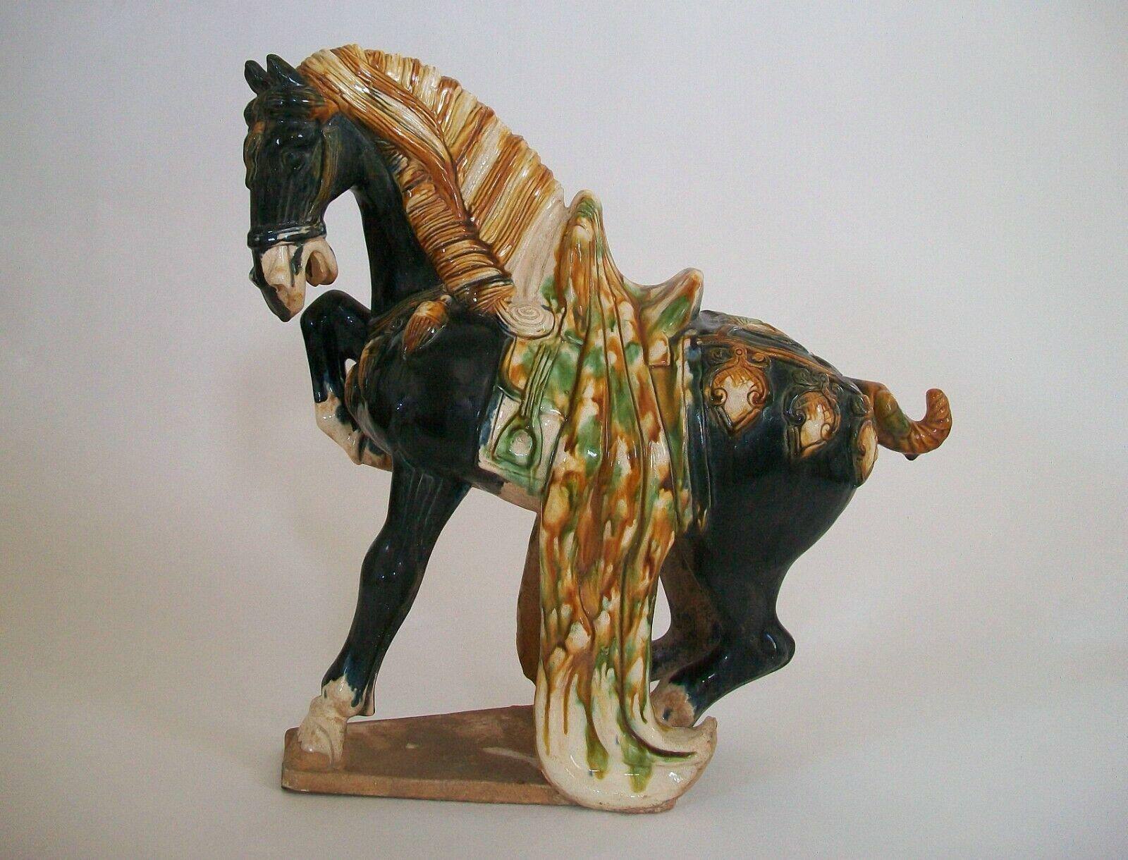 Hand-Crafted Large Vintage Sancai Glazed Tang Style Ceramic Horse, China, Late 20th Century
