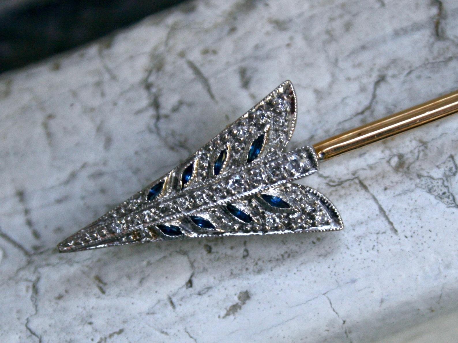 Marquise Cut Large Vintage Sapphire and Diamond Arrow Pin/Jabot in 18K Yellow and White Gold  For Sale