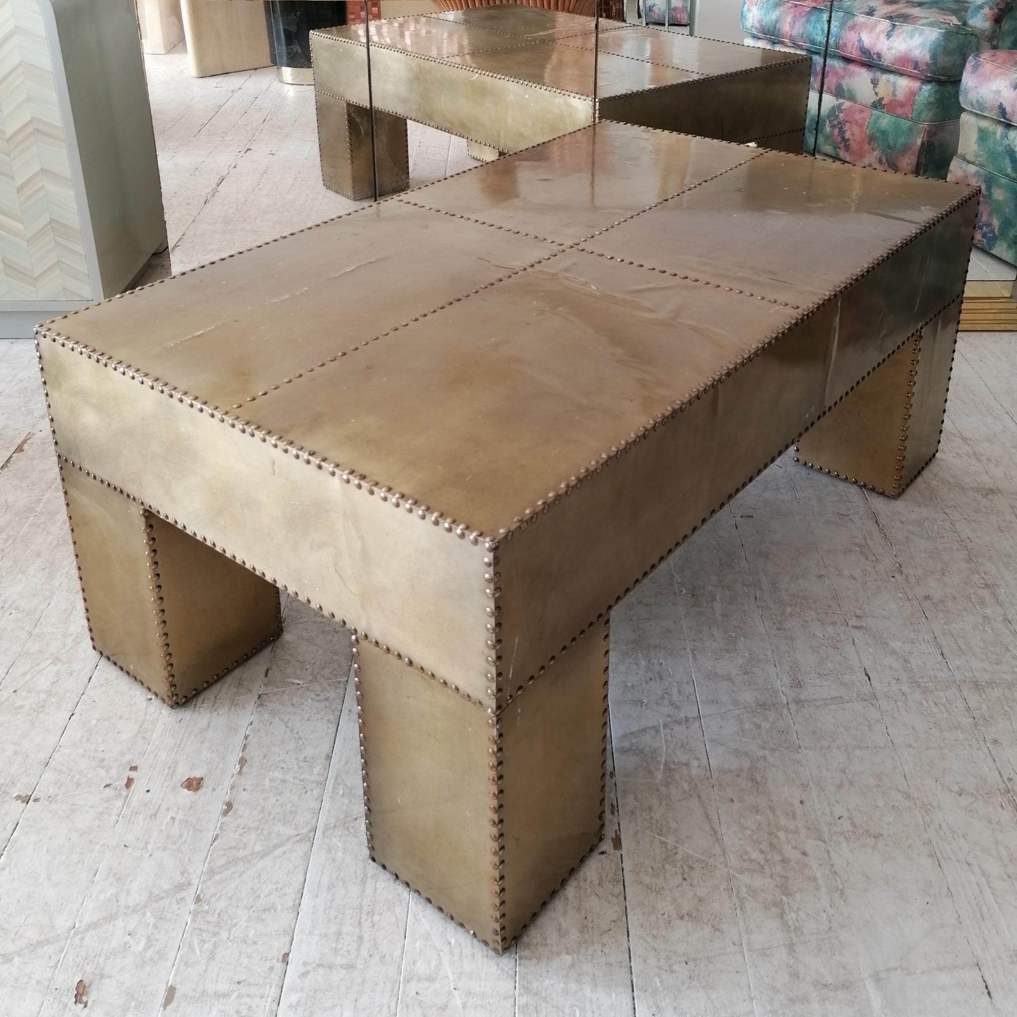 Brutalist Large vintage Sarreid style coffee table- brass-coloured studded aluminium For Sale