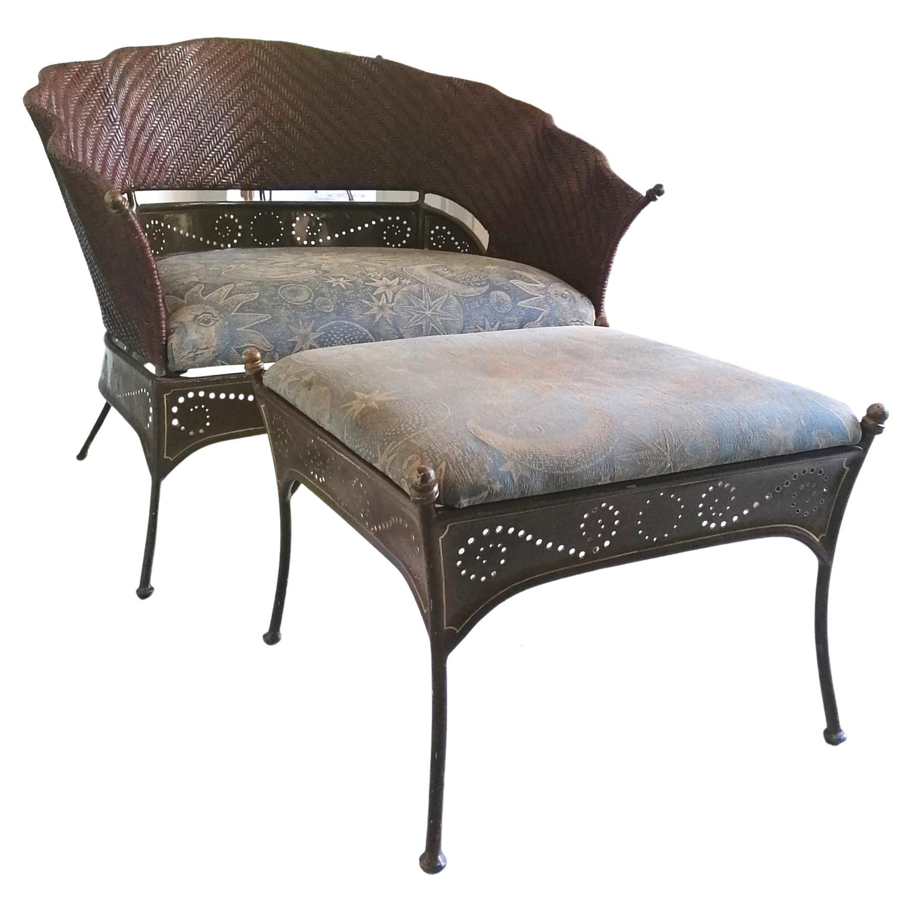 Large Vintage Scalloped Rattan & Enamelled Iron Lounge Chair With Footstool, USA For Sale