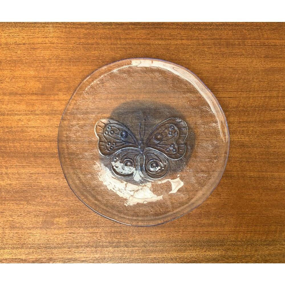 20th Century Large Vintage Scandinavian Glass Plate with Butterfly Design, 1970s For Sale