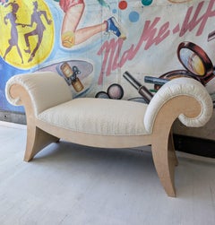 Large vintage scroll end burl & boucle upholstered bench / chaise / ottoman USA