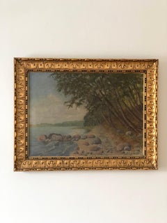 Grande paesaggio marino vintage dipinto a olio originale