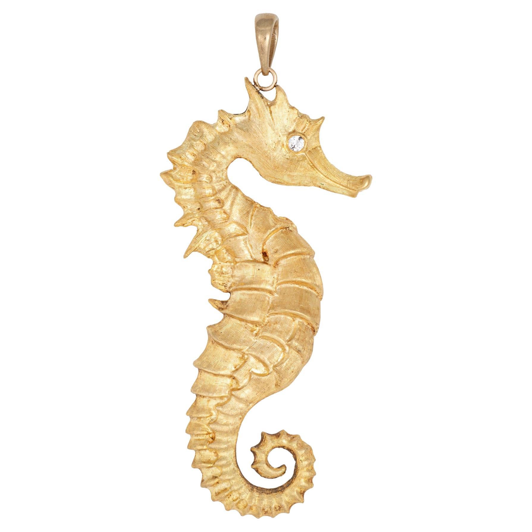 Large Vintage Seahorse Pendant 18k Yellow Gold Diamond Eye Fine Ocean Jewelry