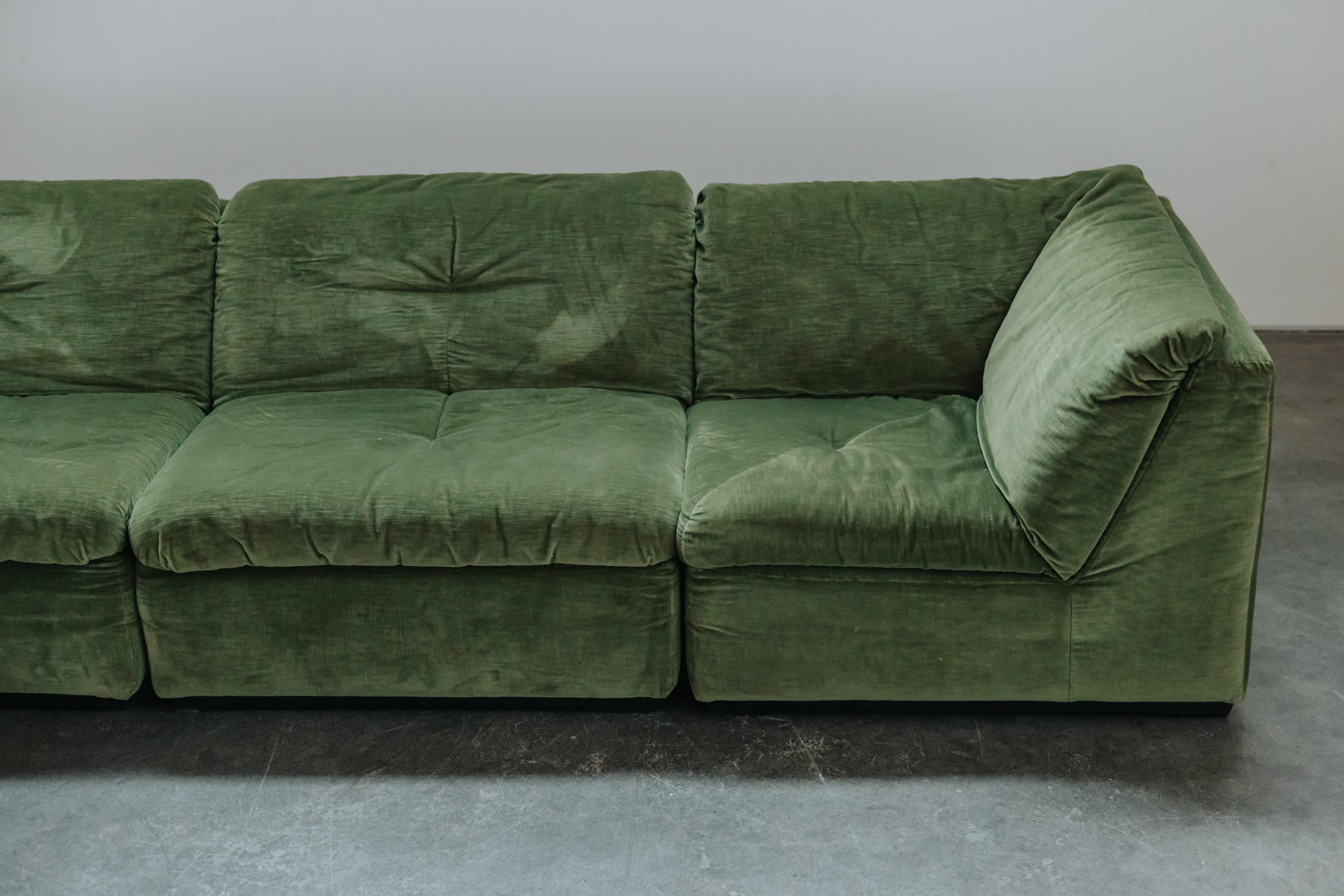 Large Vintage Sectional Velvet Sofa From France, Circa 1970.  Very comfortable model with original upholstery.  Modular pieces that can be arranged to your liking.  