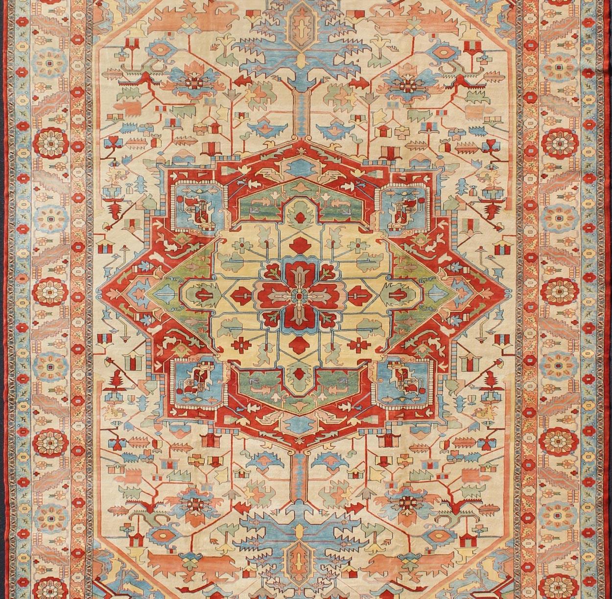 vintage very Large Serapi Persian rug with Medallion on a cream background.
Medallion on a cream background Serapi rug / KBE-EB-600240 Country / Iran. Keivan Woven Arts /  Serapi rugs are known as the finest rugs produced in the Heriz region and its