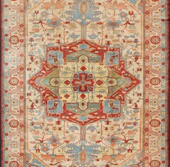 Très grand tapis persan Serapi avec médaillon sur fond crème